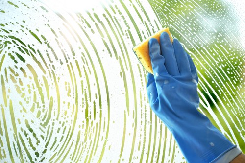 Professional using ventilation and safe product handling during cleaning